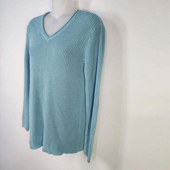 Chico’s Sweater Women’s Size 1 Medium Silk Blend V Neck Teal Cable Knit Preppy - Picture 5 of 8